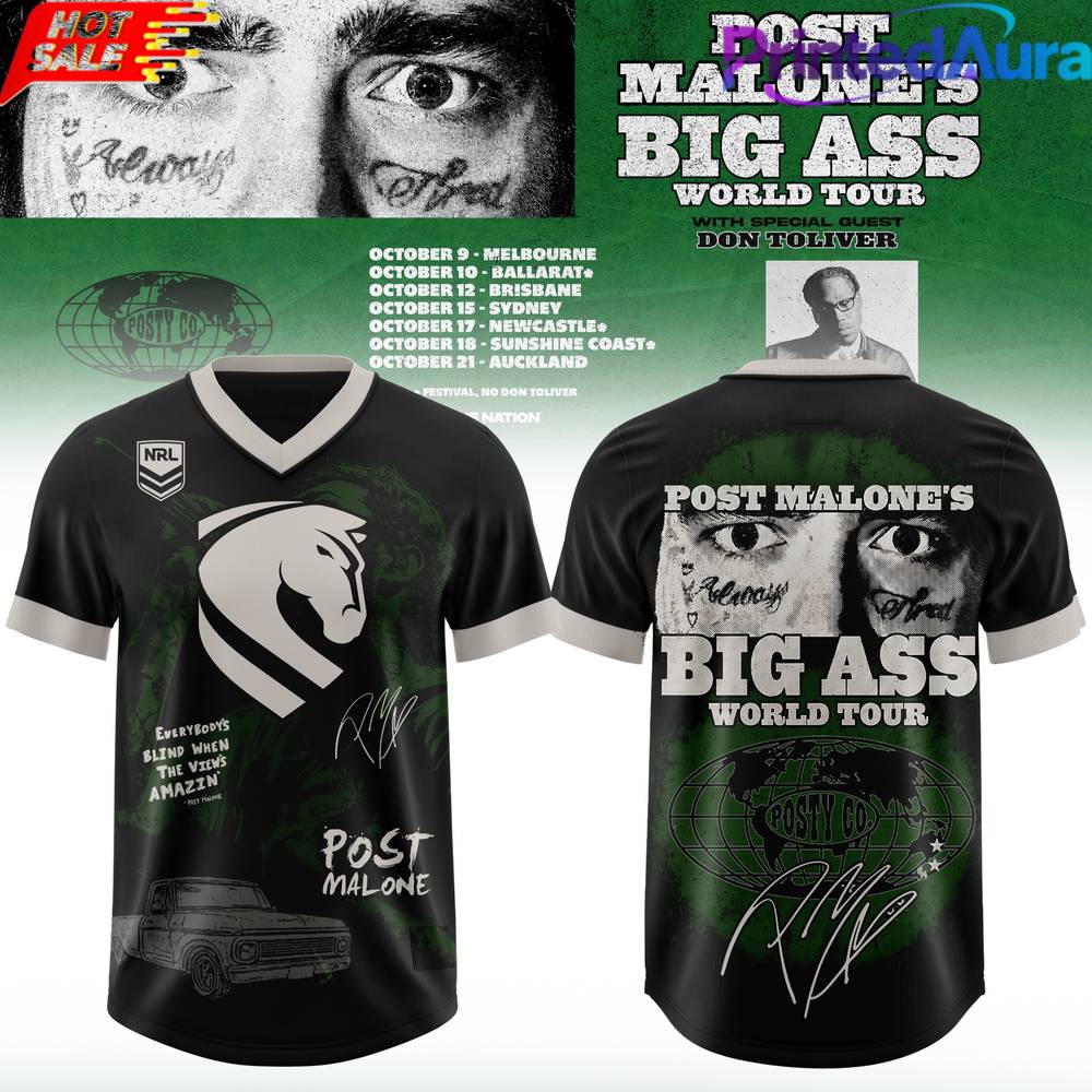Brisbane Broncos x Post Malone Big Ass World Tour 2026 Football Jersey Brisbane Broncos x Post Malone Big Ass World Tour 2026 Football Jersey