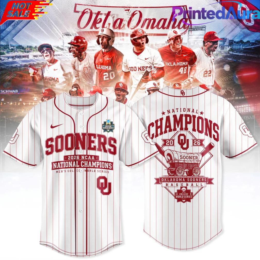 Oklahoma Baseball 2026 National Champions White Stripe Baseball Jersey Oklahoma Baseball 2026 National Champions White Stripe Baseball Jersey