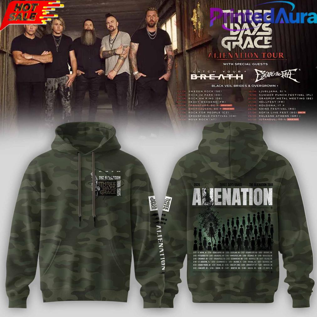 Three Days Grace Alienation Tour 2026 Green Camo Hoodie Three Days Grace Alienation Tour 2026 Green Camo Hoodie