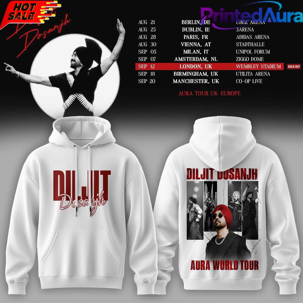 DILJIT DOSANJH Aura World Tour ’26 – Europe & UK Edition Special White Hoodie DILJIT DOSANJH Aura World Tour ’26 – Europe & UK Edition Special White Hoodie