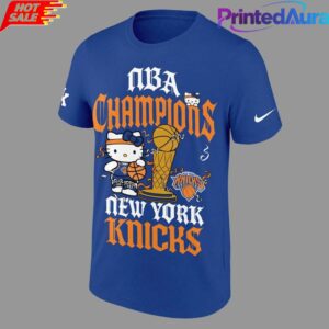 NY Knicks 2026 NBA Finals Champs Hello Kitty Blue Tee 1