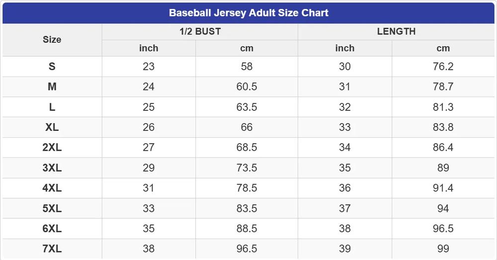Baseball Jersey Adult Size Chart
