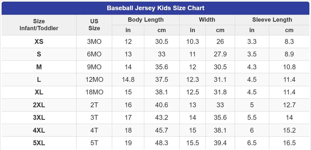 Baseball Youth Adult Size Chart